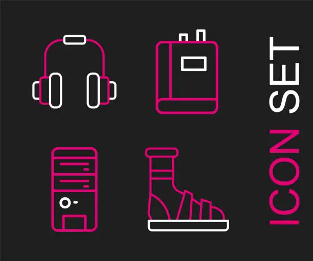 Vector illustration of Set line Slippers with socks, Computer, Book and Headphones icon. Vector