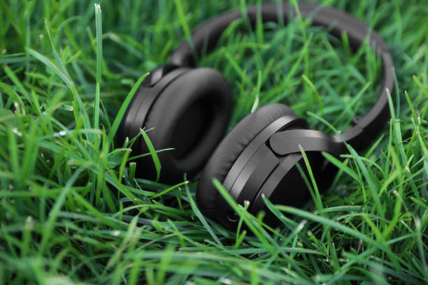 istock Black wireless headphones on green grass outdoors, closeup 1918026638