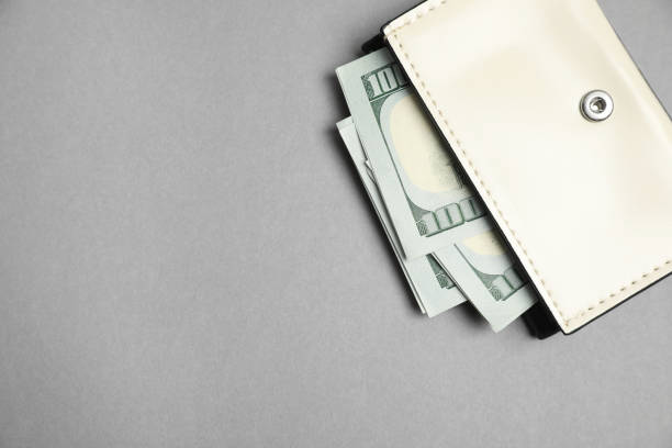 istock Stylish leather purse with dollar banknotes on light grey background, top view. Space for text 1918033954