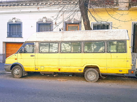 Dakar, Senegal - May 27, 2014: Typical multicolored minibus circulating through the streets of the city