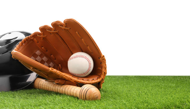 istock Baseball bat, ball, batting helmet and glove on artificial grass against white background, space for text 1918054310
