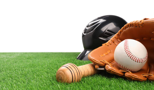 istock Baseball bat, ball, batting helmet and glove on artificial grass against white background, space for text 1918054314