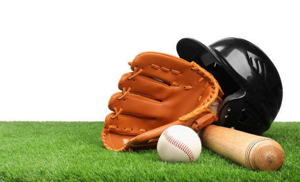 istock Baseball bat, ball, batting helmet and glove on artificial grass against white background, space for text 1918054830