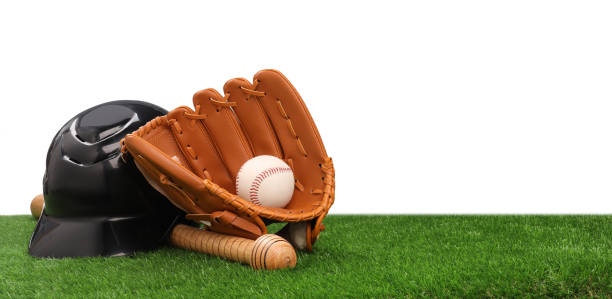 istock Baseball bat, ball, batting helmet and glove on artificial grass against white background, space for text 1918054837