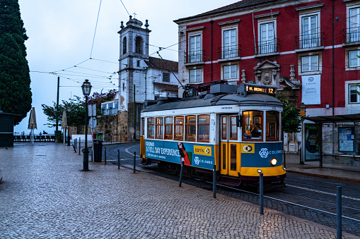 Lisbon, Portugal - Oct. 2, 2023: Street view of Largo de Santa Luziam, Alfama Lisbon Cityscape at dawn, Portugal.