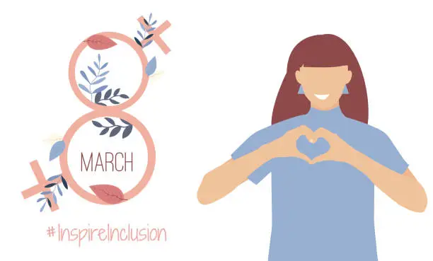 Vector illustration of Campaign 2024 #inspireinclusion. Conceptual celebration of International Women's Day. March 8. Card, template with heart shaped fingers