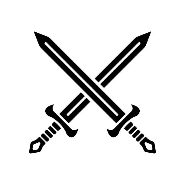 Vector illustration of Crossed swords icon. Black silhouette. Front side view. Vector simple flat graphic illustration. Isolated object on a white background. Isolate.