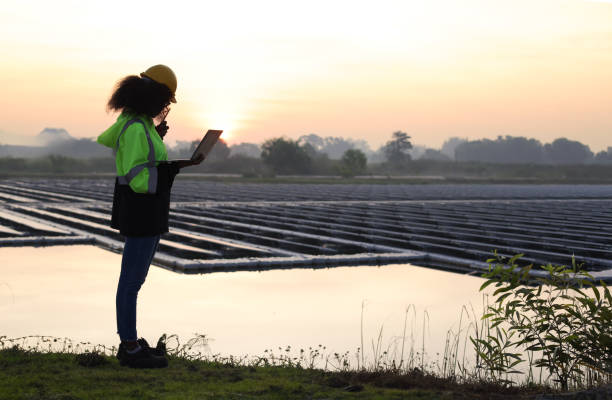 International Women's Day, Female worker using  laptop work on the site of the floating solar farm International Women's Day, Female worker using  laptop work on the site of the floating solar farm floating electric generator stock pictures, royalty-free photos & images