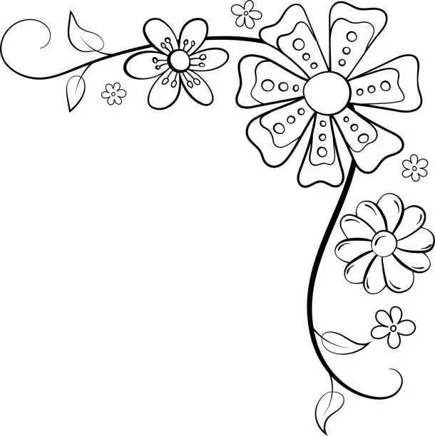 Vector illustration of b&w corner border with flowers, a few leaves and a vine