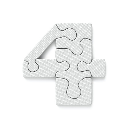 White jigsaw puzzle font Number 4 FOUR 3D rendering illustration isolated on white background