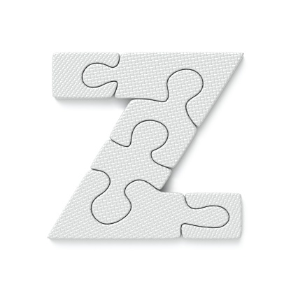 White jigsaw puzzle font Letter Z 3D rendering illustration isolated on white background