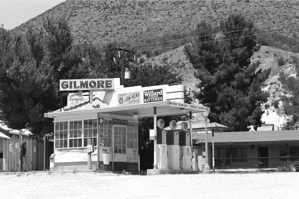 Santa Clarita, California, United States - 24 July 2016: Step back in time with a black and white image of the Gilmore Gas Station movie set in Santa Clarita.