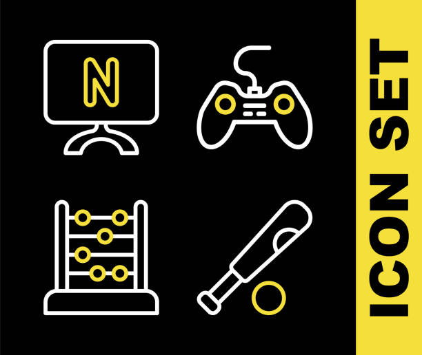 ilustrações de stock, clip art, desenhos animados e ícones de set line gamepad, baseball bat with ball, abacus and smart tv icon. vector - baseball bat audio