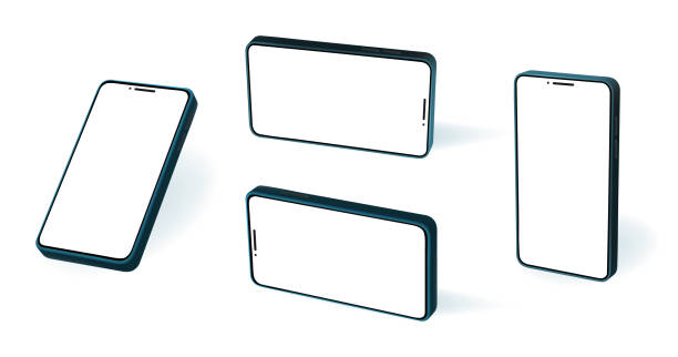 istock Cell phone cyborg isolated 3d mockups. Front and angled views of vertical and horizontal devices blank screens. Mobile cell telephone app template. 1918211997
