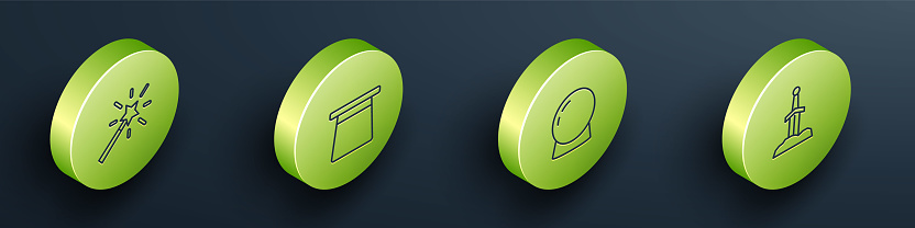 Set Isometric line Magic wand, hat, ball and Sword in the stone icon. Vector.