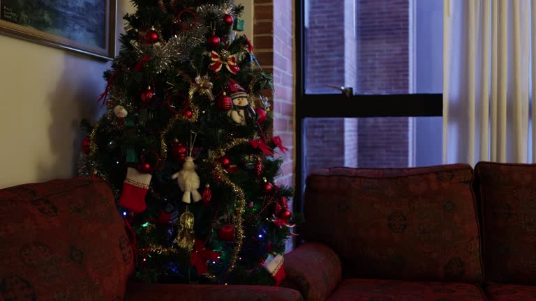 An Artificial Christmas Tree Decorated With LED Lights in a Middle-Class Apartment