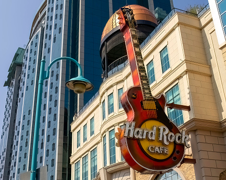 Niagara, Ontario, Canada. Aug 31, 2010. A close up side view to a Hard Rock Cafe sign, a chain of theme bar-restaurants, memorabilia shops, casinos and museums.