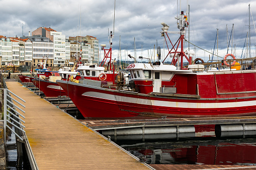 Moored in the calm waters of A Coruna's harbor lies a vibrant fleet of red fishing boats, their hulls reflecting the maritime life of this bustling Spanish port city. The wooden dock leads the eye to these vessels, each one an emblem of the ocean's bounty and the fishers' livelihood. Amidst a backdrop of urban architecture and under a sky of shifting clouds, this nautical scene captures the essence of coastal commerce and the timeless relationship between the sea and the city.