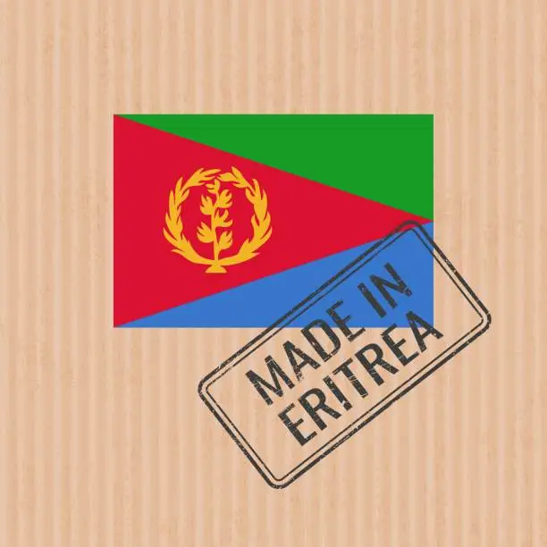 Vector illustration of Made in Eritrea badge vector. Sticker with Eritrea national flag. Ink stamp isolated on paper background.