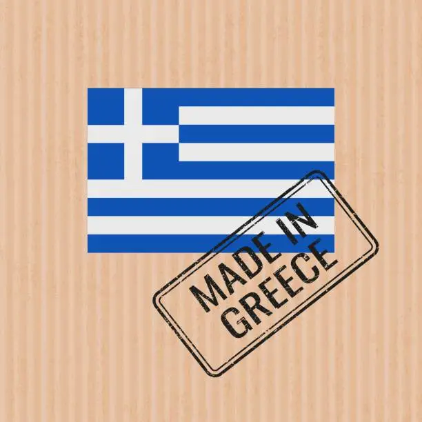 Vector illustration of Made in Greece badge vector. Sticker with Greek national flag. Ink stamp isolated on paper background.