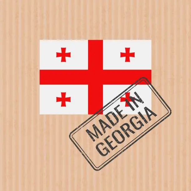 Vector illustration of Made in Georgia badge vector. Sticker with Georgian national flag. Ink stamp isolated on paper background.