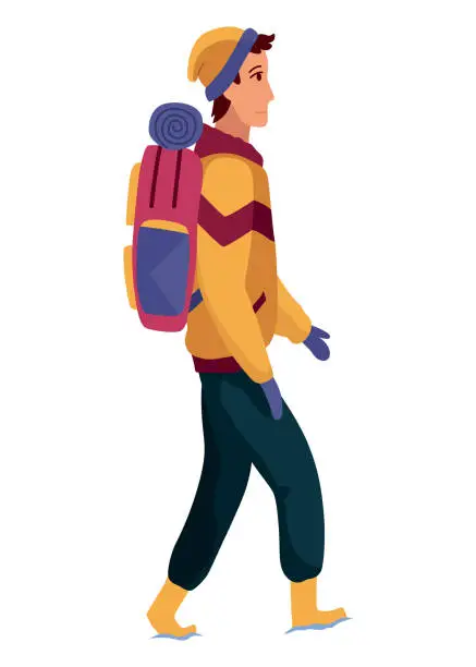 Vector illustration of Young man walking alone. Cartoon backpacker on winter hiking, active walking at snowy season. People outdoors activity. Travel expedition