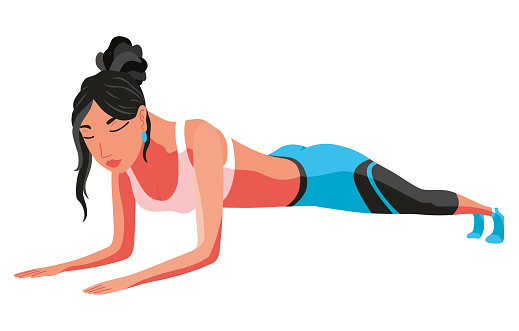Girl stands in plank performs exercises for abdominal muscles. Healthy lifestyle. Fitness helps woman improve body, technique of performing. Sports activities, flat vector illustration.