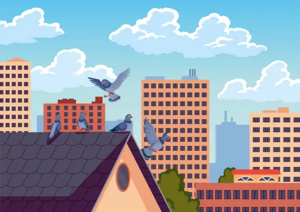 Vector illustration of Pigeons on city roof. Street urban animal birds concept and town silhouette. Vector isolated graphic design illustration