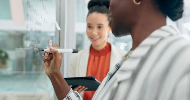 istock Hands, glass wall and professional women writing list, notes or brainstorming research, process or problem solving solution. Priority, project and team planning sales idea, agenda or development plan 1918388194