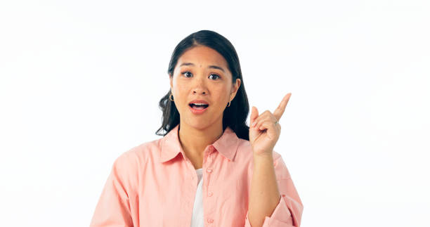 istock Thinking, idea and portrait of woman with solution in studio for decision, plan or insight on white background. Questions, why and face of female model with aha emoji for brainstorming or conclusion 1918388752