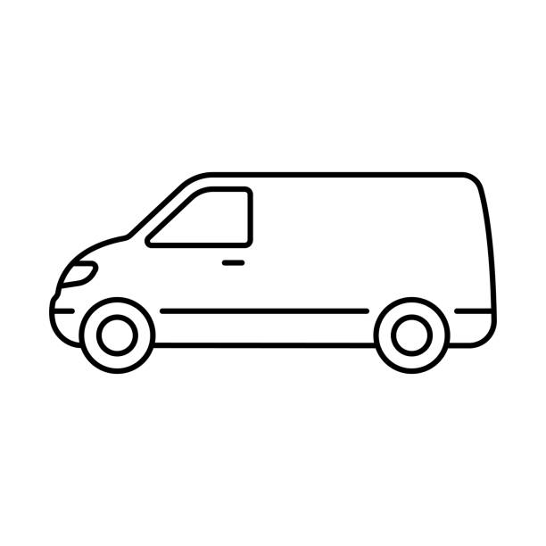 Van icon. Black contour linear silhouette. Editable strokes. Side view. Vector simple flat graphic illustration. Isolated object on a white background. Isolate. Van icon. Black contour linear silhouette. Editable strokes. Side view. Vector simple flat graphic illustration. Isolated object on a white background. Isolate. mini van stock illustrations