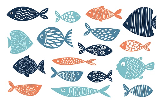 Collection of vector hand-drawn cute fish in flat style. Big set of fish body vector icons. Vector illustration for icon, logo, print, icon, card, emblem, label, sticker