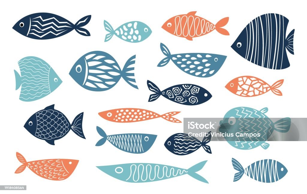 Abstract fish with modern design. Vector illustration. Collection of vector hand-drawn cute fish in flat style. Big set of fish body vector icons. Vector illustration for icon, logo, print, icon, card, emblem, label, sticker Fish stock vector Abstract fish with modern design. Vector illustration. Collection of vector hand-drawn cute fish in flat style. Big set of fish body vector icons. Vector illustration for icon, logo, print, icon, card, emblem, label, sticker Fish stock vector