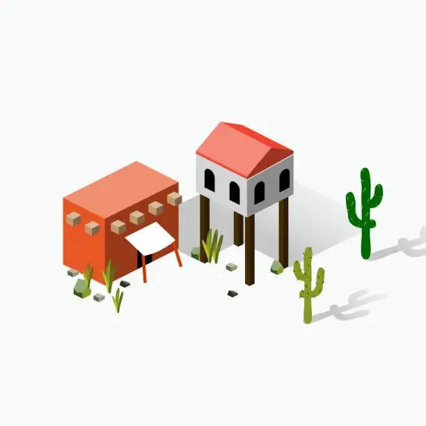 Vector illustration of Isometric Middle Eastern Houses - Asian Buildings - Small Town - Desert Buildings - Destination Middle East - Travel Spot - Locations - Places in Middle East - Visit Desert - Sand Architecture - Sand Houses - Landmark