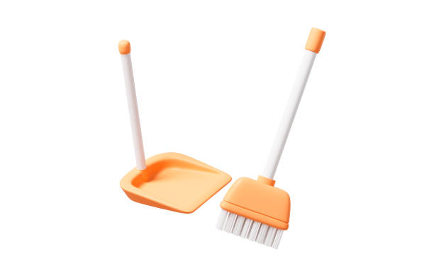 cartoon broom and dustpan, 3d rendering. - broom sweeping cleaning work tool ストックフォトと画像