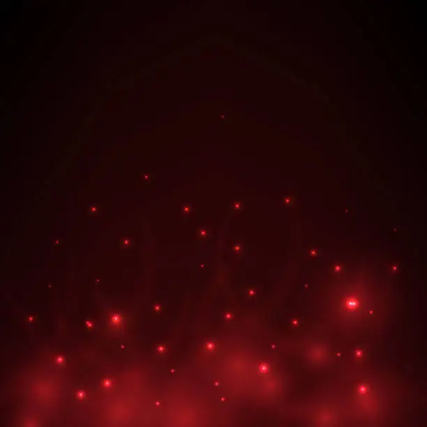 Vector illustration of Vector abstract lightting effect. Flying red sparkless and fog on black background.