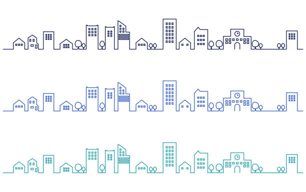 set of simple cityscape silhouette illustrations - cakrawala perkotaan lanskap kota ilustrasi stok
