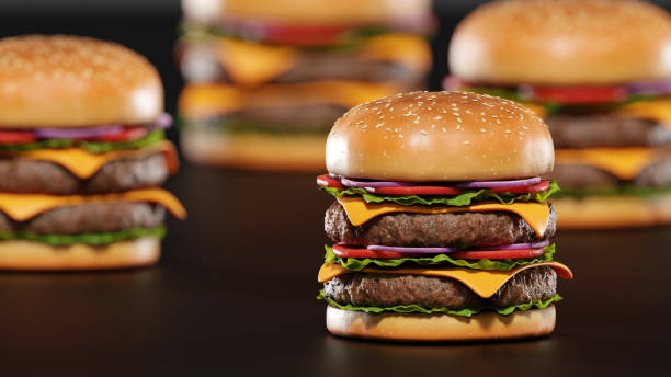 istock 3D render focus macro of a hamburger or cheeseburger on a black background. 1918566647