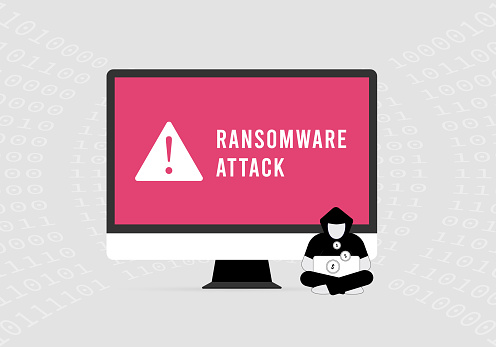 Ransomware Attack. Hacked Desktop PC Password. Cyber Security Threat. Ransomware hacker demands payment for decryption. Flat vector illustration isolated on white background with icons.