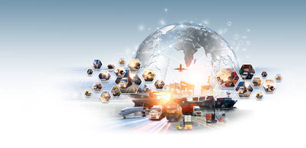 istock World map with logistic network distribution on background. Logistic and transport concept in front Logistics Industrial Container Cargo freight ship for Concept of fast or instant shipping, Online goods orders worldwide 1918624547