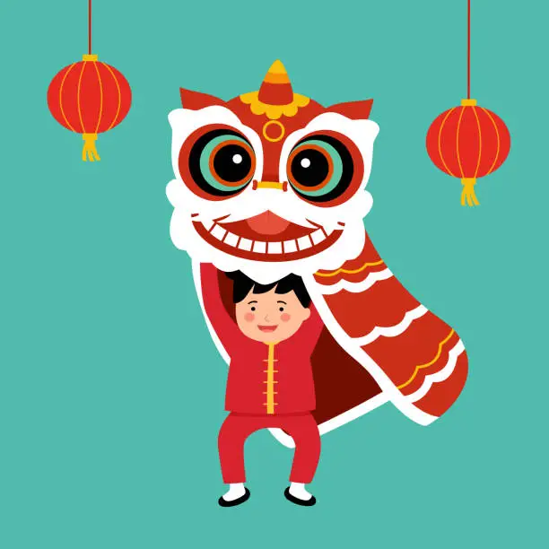 Vector illustration of Little kid boy playing chinese lion dancing in flat design.