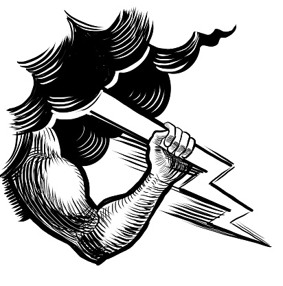 Zeus hand with lightning. Retro styled hand-drawn black and white illustration