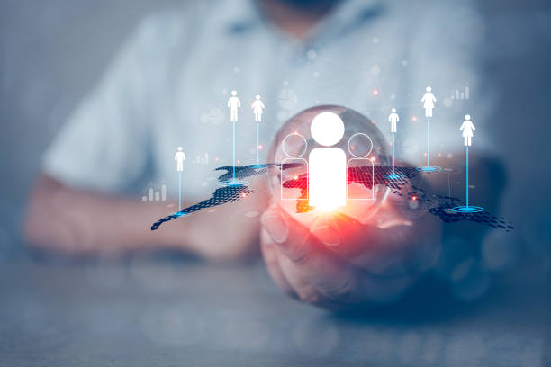 istock Businessman hand show virtual global and map with target customer. Customer service. Global structure customer network 1918673928