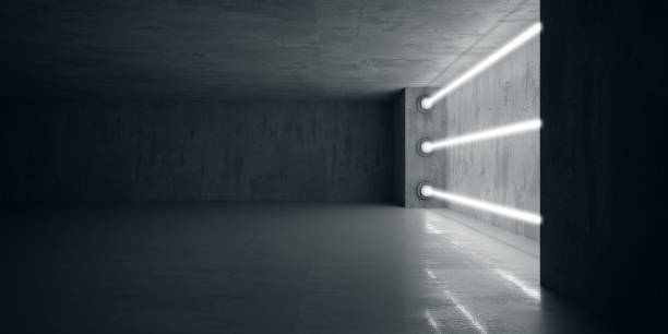 neon and neon beams in the dark room - garage organization house basement - fotografias e filmes do acervo
