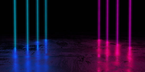 istock Geometric mock up design glowing neon lights.. Exhibition background 1918700213