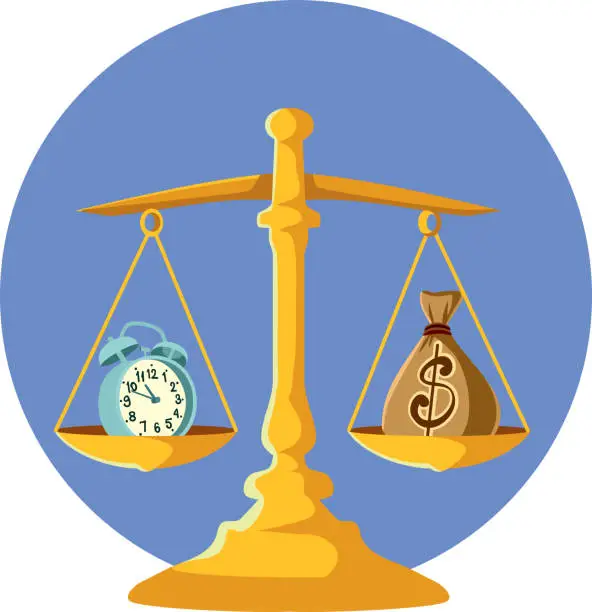 Vector illustration of Time Versus Money in a Balance Vector Cartoon Design