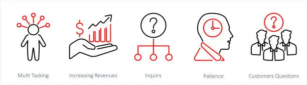 Vector illustration of A set of 5 customer service icons as multi tasking, increasing revenues, inquiry