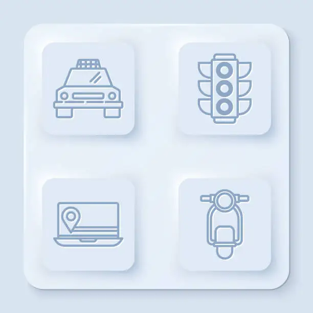 Vector illustration of Set line Taxi car, Traffic light, Laptop with location marker and Scooter. White square button. Vector