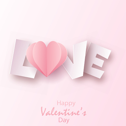 Valentine's day card with paper pink text. Vector illustration.