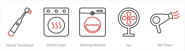 Vector illustration of A set of 5 Home Appliance icons as electric toothbrush, clothes dryer, hair dryer